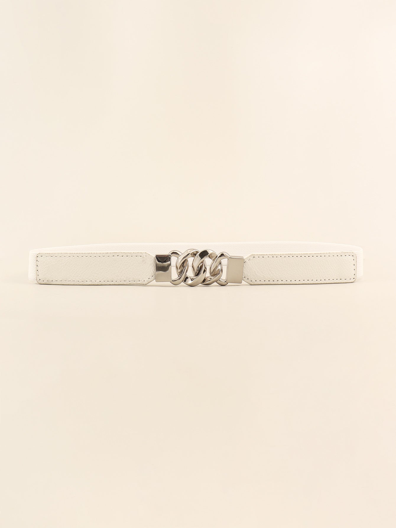White faux leather belt with silver chain detail and silver buckle