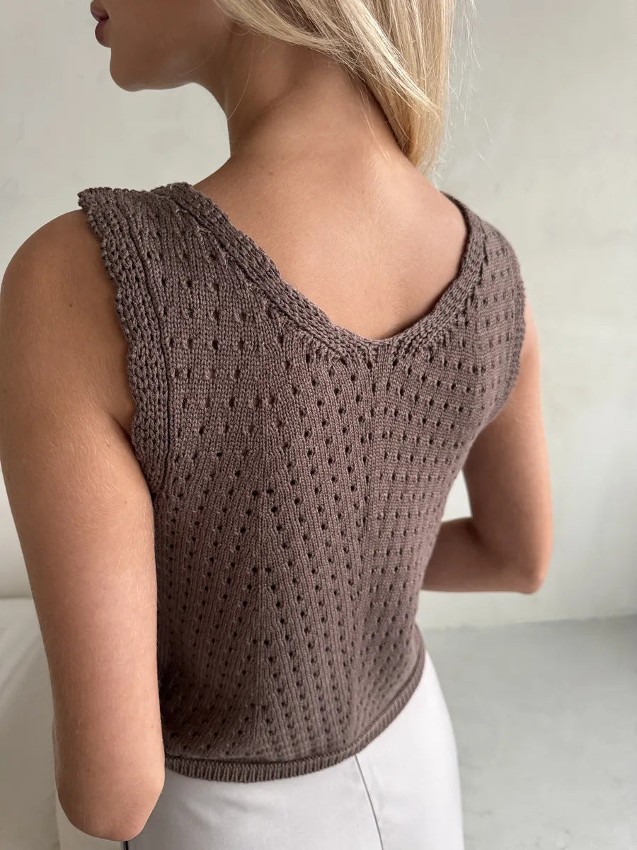 Crochet Decor Button Eyelet Knit Vest in Pastel Yellow with decorative buttons
