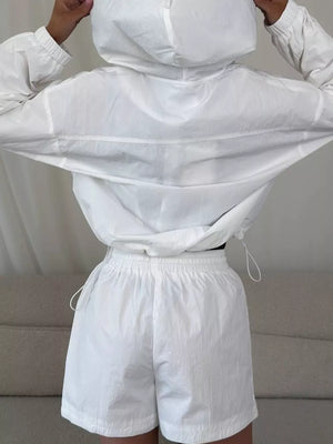 White Lightweight Hooded Jacket And Shorts Set
