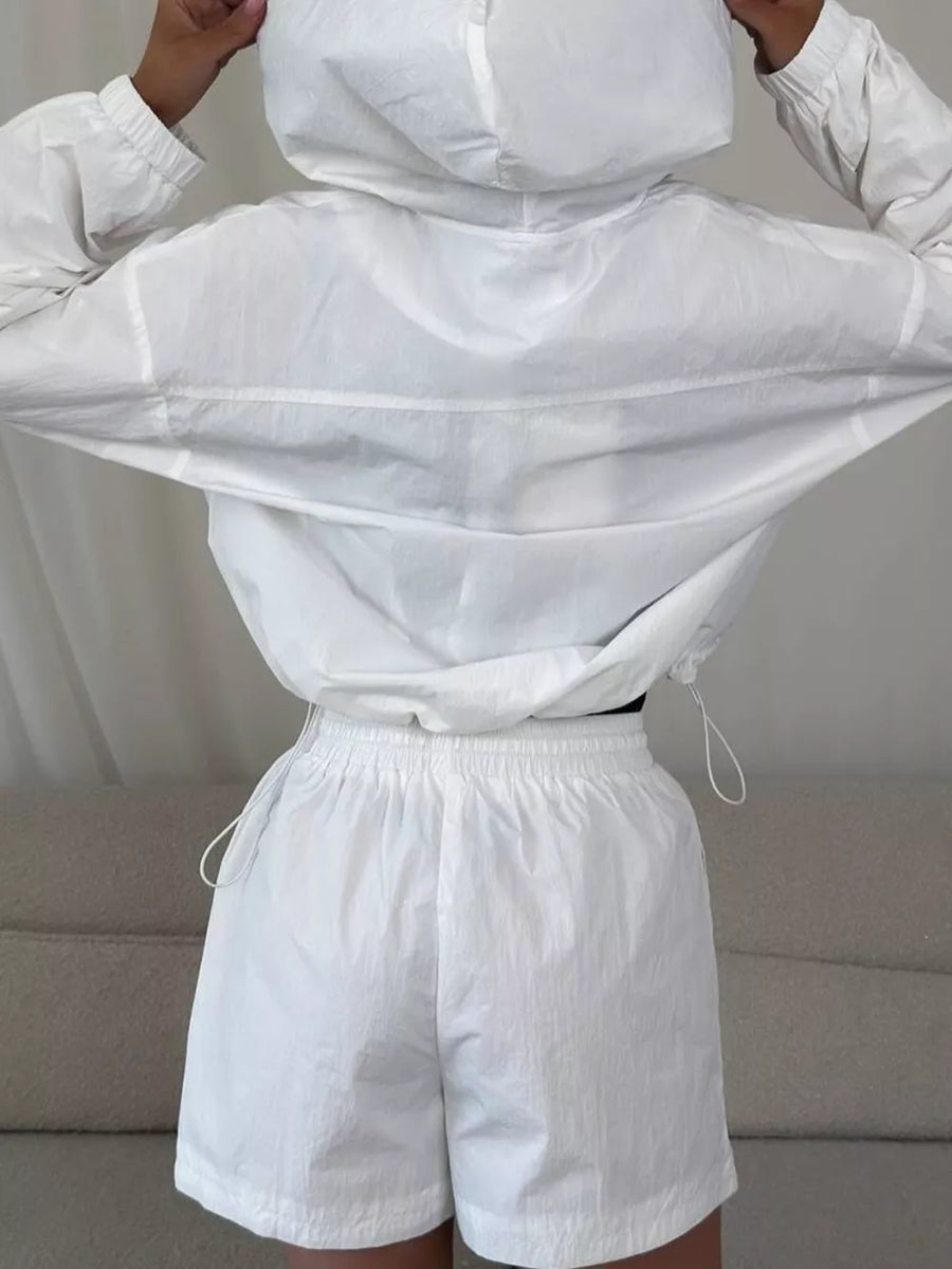 White Lightweight Hooded Jacket And Shorts Set