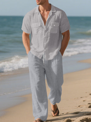 White Men's Casual Button-up Shirt And Pants Set Plus Size