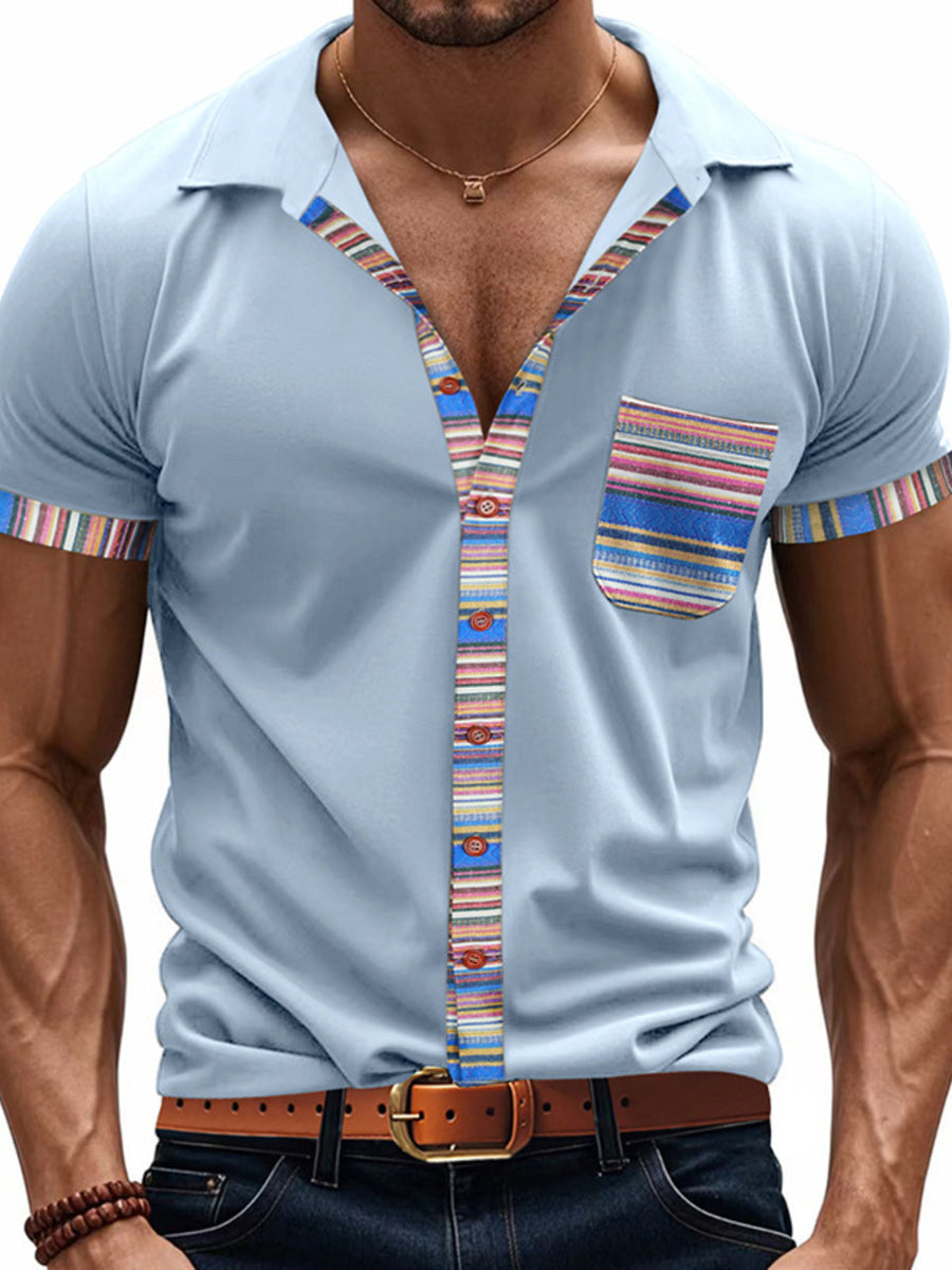 Light blue cotton short sleeve men's shirt with colorful striped trim and pocket.