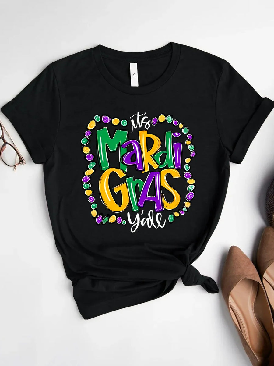 Black graphic t-shirt with Mardi Gras beads and text design.