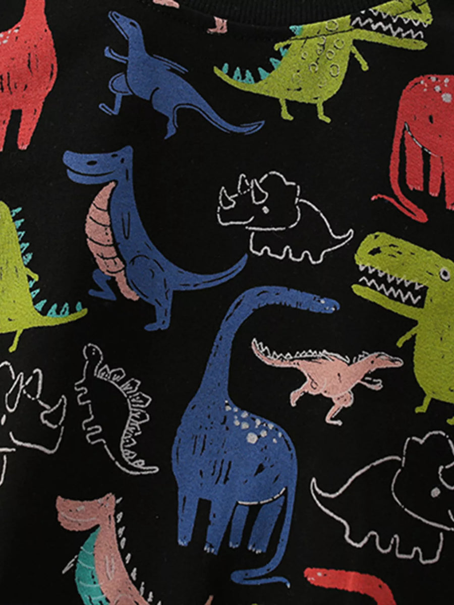 Black crew neck sweatshirt with a colorful dinosaur print for babies.