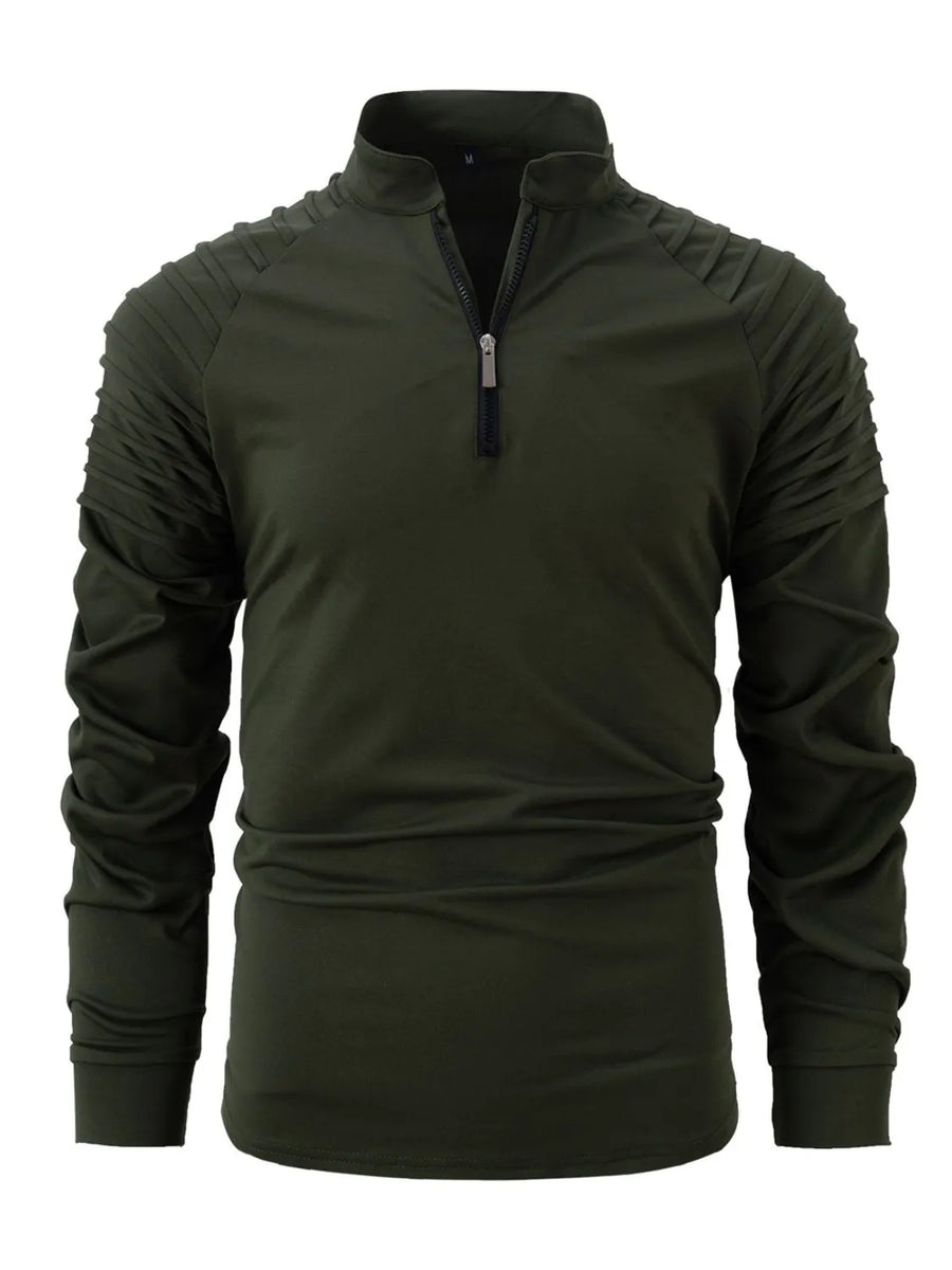 Army green pullover with pleated shoulder detail and zip-neck