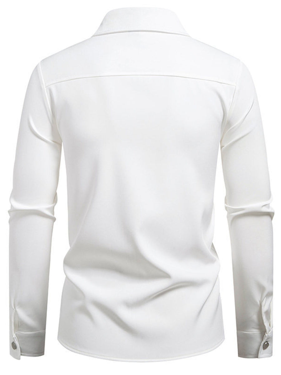 Men's white long sleeve shirt with classic collar and button detail on cuffs.