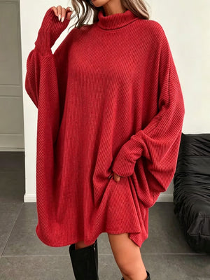Black sweater dress with pullover and ribbed knit