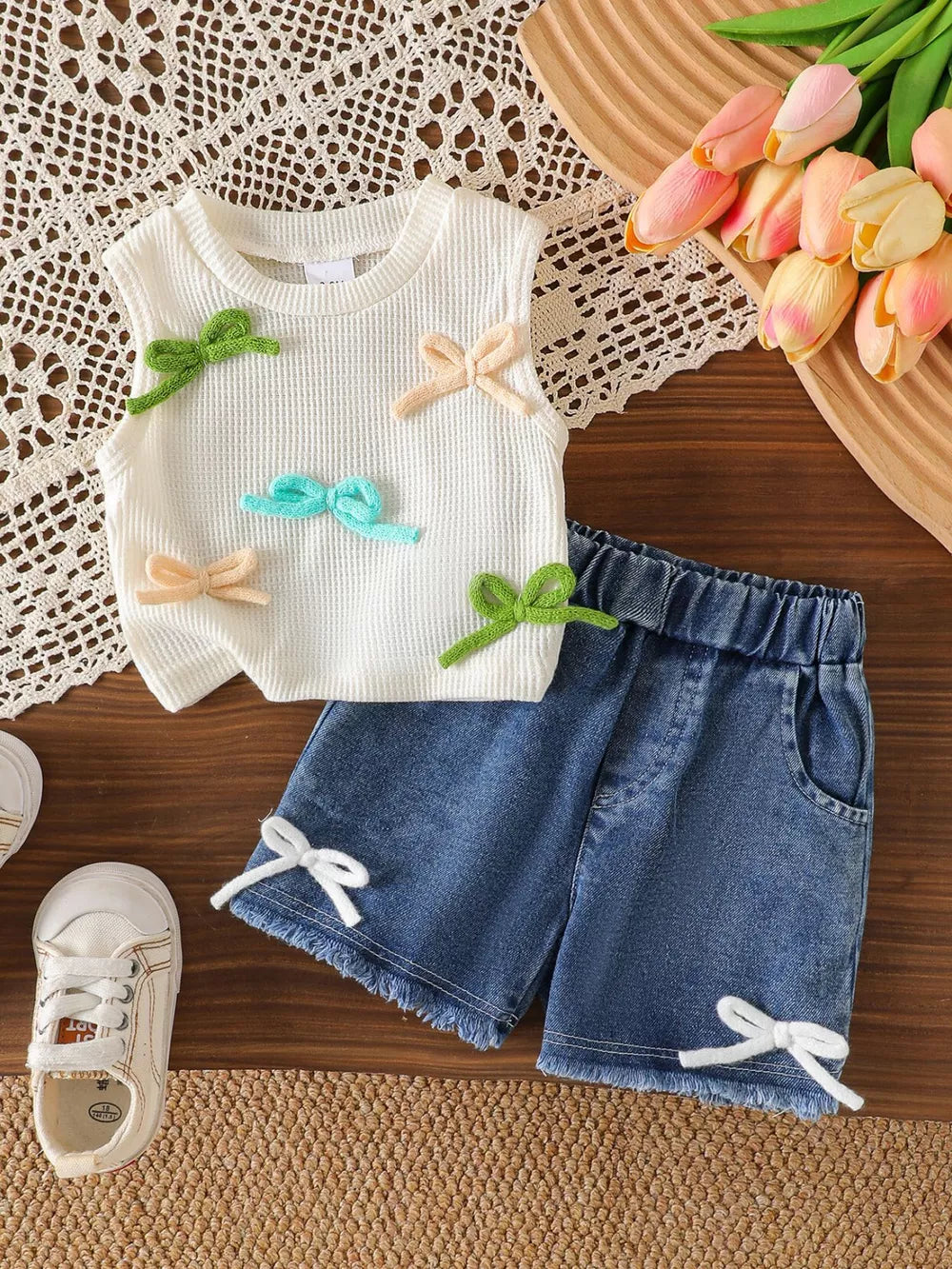 Blue Children's Bow Tank And Denim Shorts Set