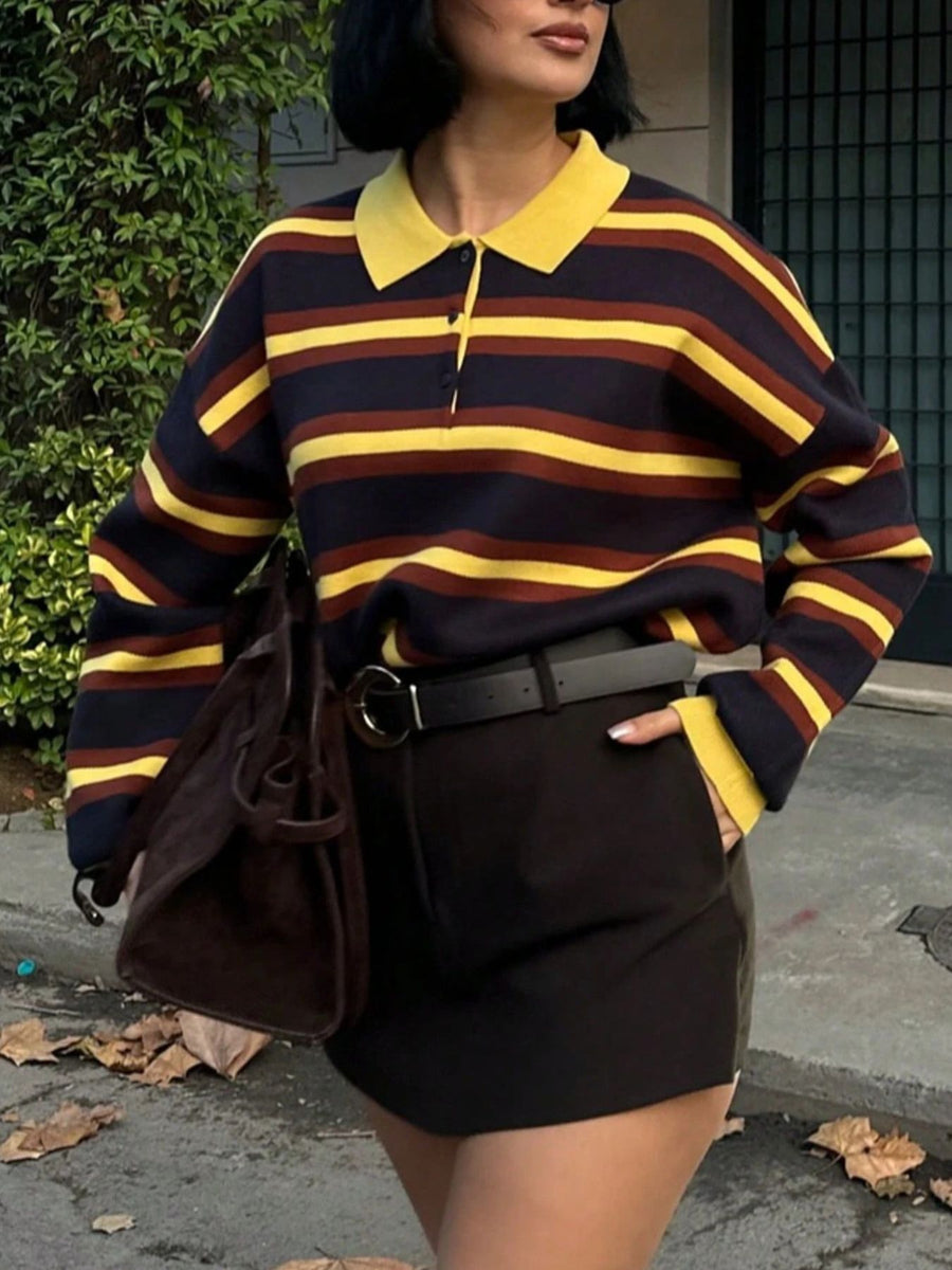100% polyester Care instructions: Machine wash cold pullover sweater in dark brown with relaxed silhouette