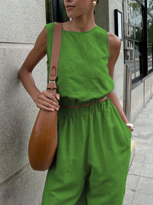 Vonili Tan sleeveless crop top and wide-leg pants set
