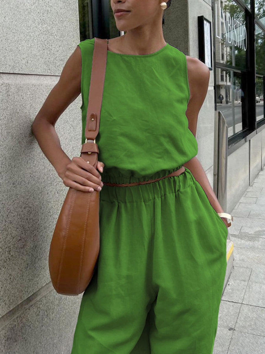 Vonili Tan sleeveless crop top and wide-leg pants set