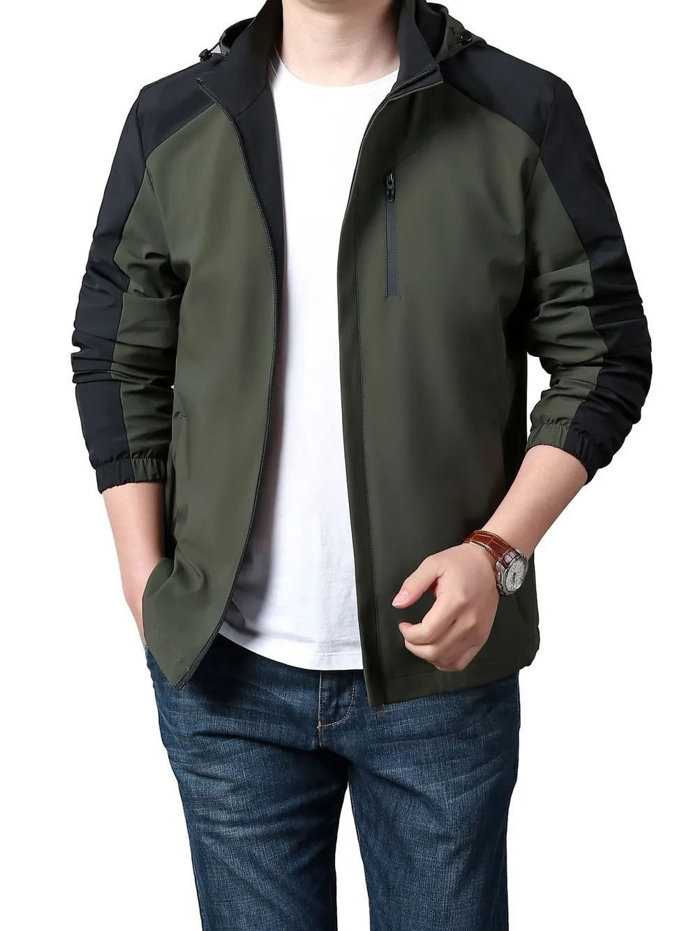 Men's Plus Size Hooded Colorblock Jacket in Military Green
