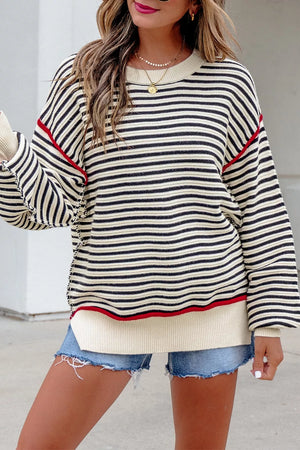Stripe Stripe Ribbed Trim Drop Shoulder Oversized Sweater