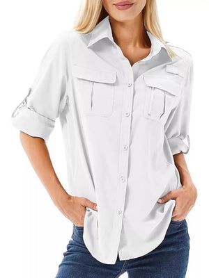 White roll-up sleeve button-up shirt with chest pockets and a collared neckline.