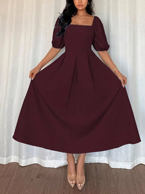 Burgundy midi dress with square neck, flutter sleeves, and pleated A-line skirt.