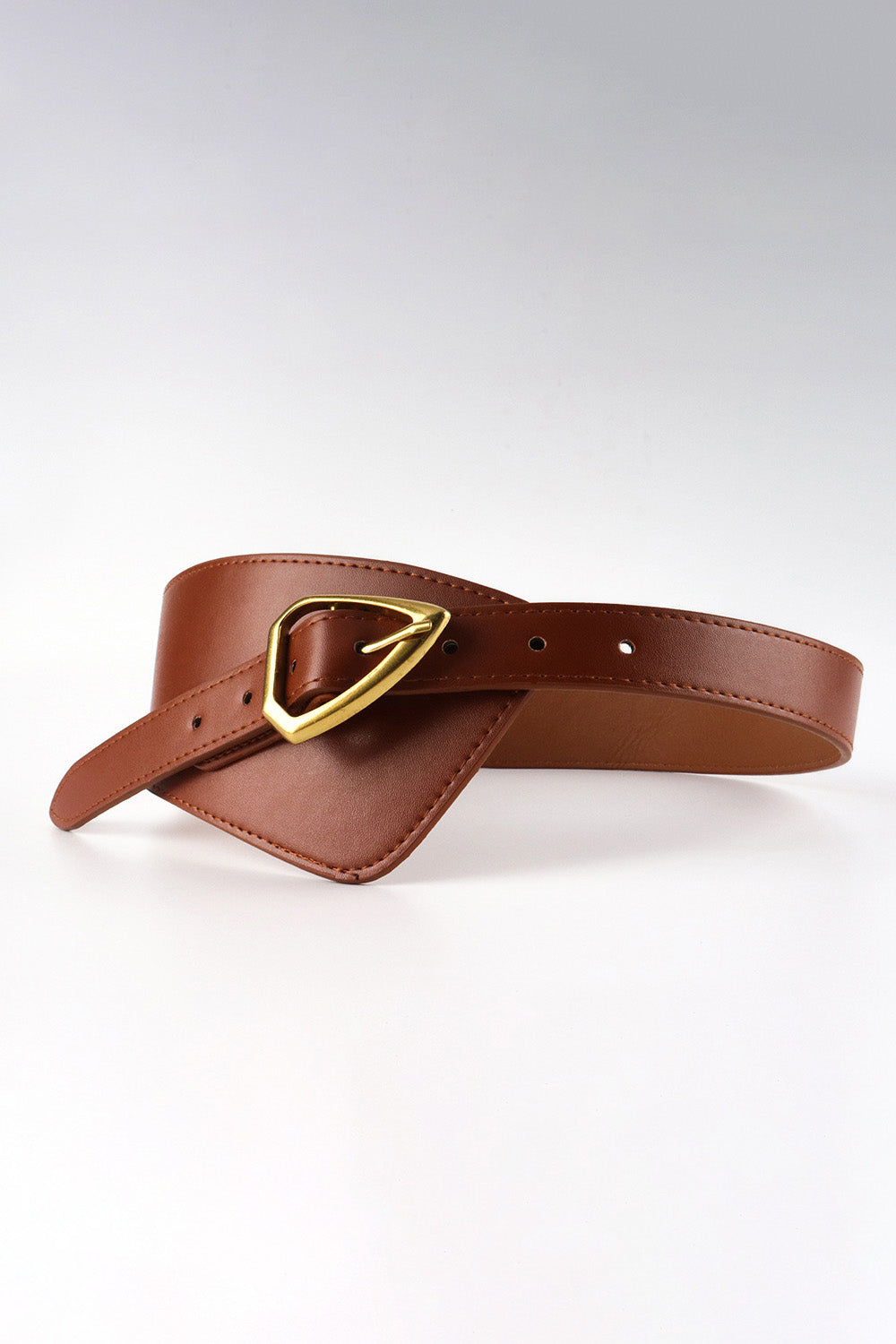 Brown leather waist belt with sculpted design and gold buckle detail