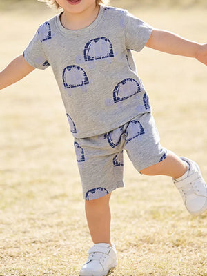 Grey cotton toddler boys' set with blue turtle print, short sleeves, and shorts.