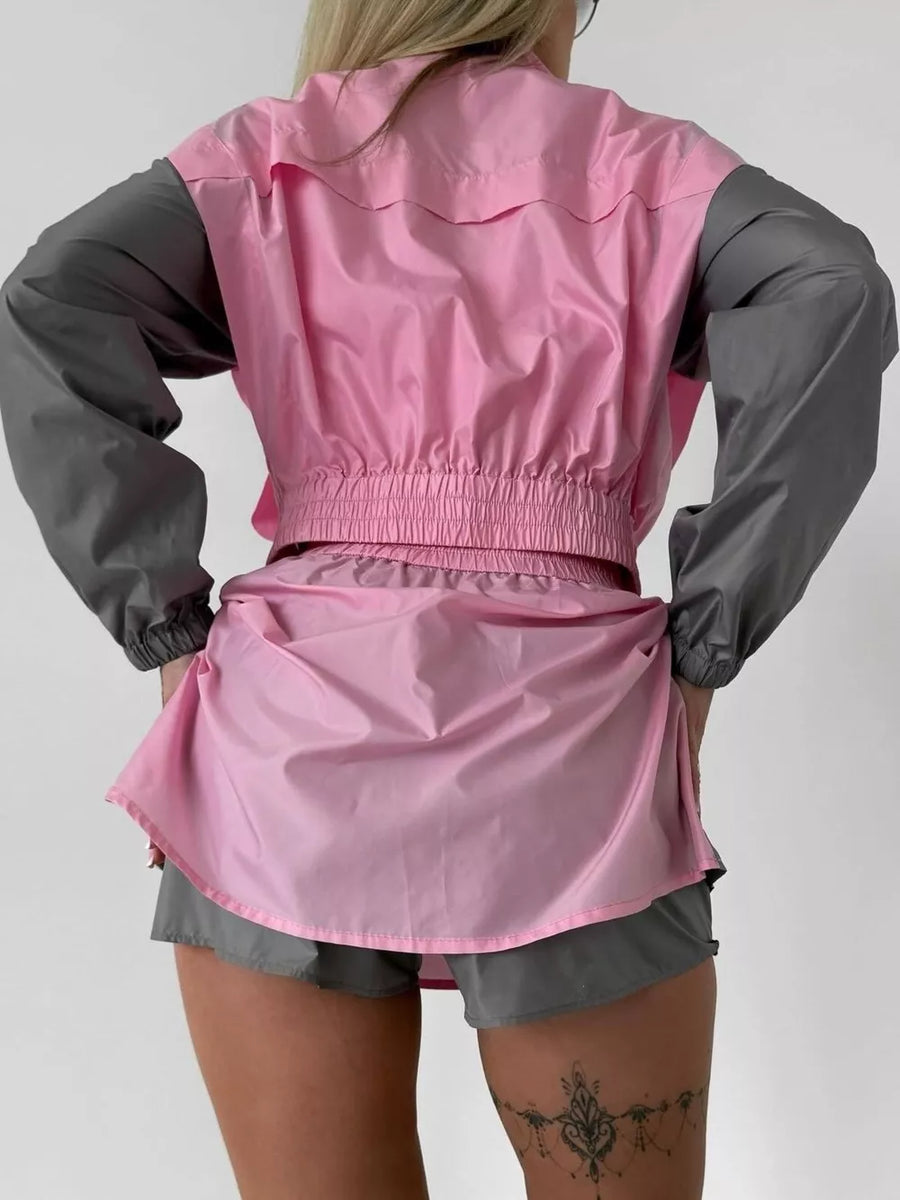 Pink with Color Block Cropped Jacket And Skirt Set