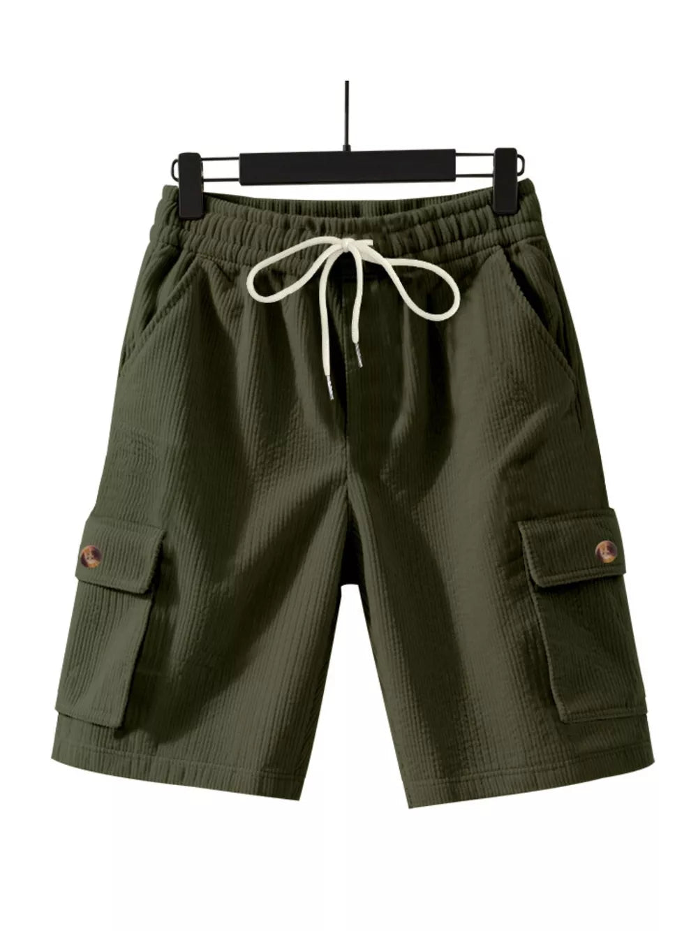 Military green textured drawstring cargo shorts with button flap pockets.