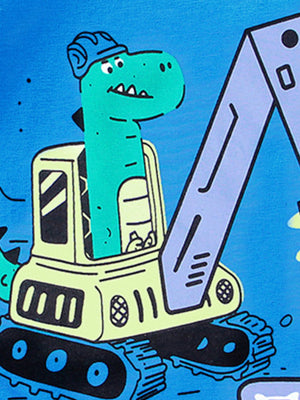 Toddler t-shirt with a green cartoon dinosaur wearing a blue hard hat driving a yellow excavator.