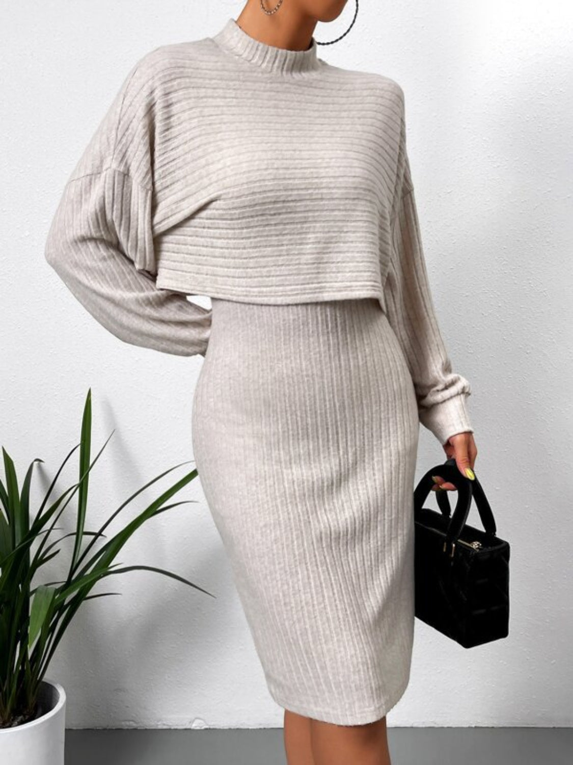 Dust Storm ribbed knit co-ord outfit set with cropped sweater and midi dress.