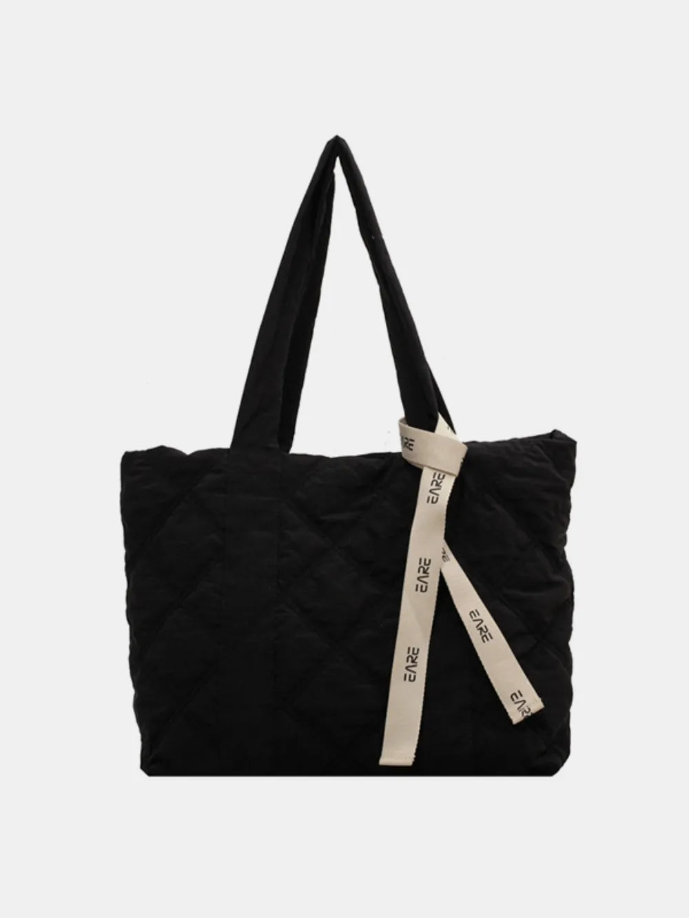 Black diamond quilt nylon trapezoid tote bag with logo strap detail