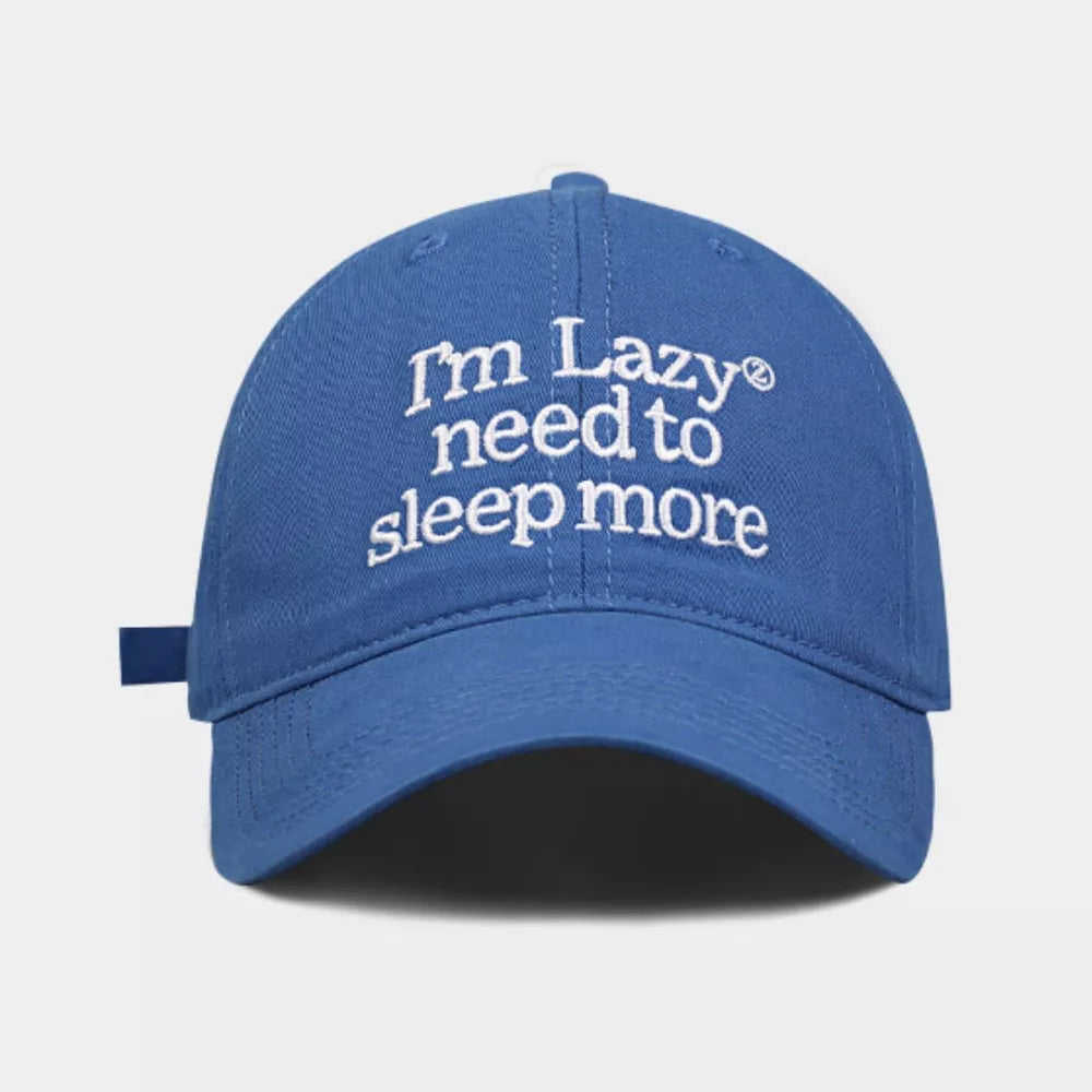 Royal blue cotton baseball cap with embroidered slogan I'm Lazy need to sleep more