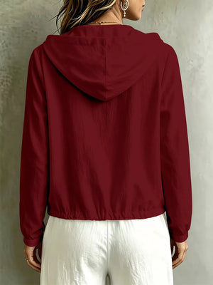 Button Detail Long Sleeve Hooded Blouse in white with buttoned