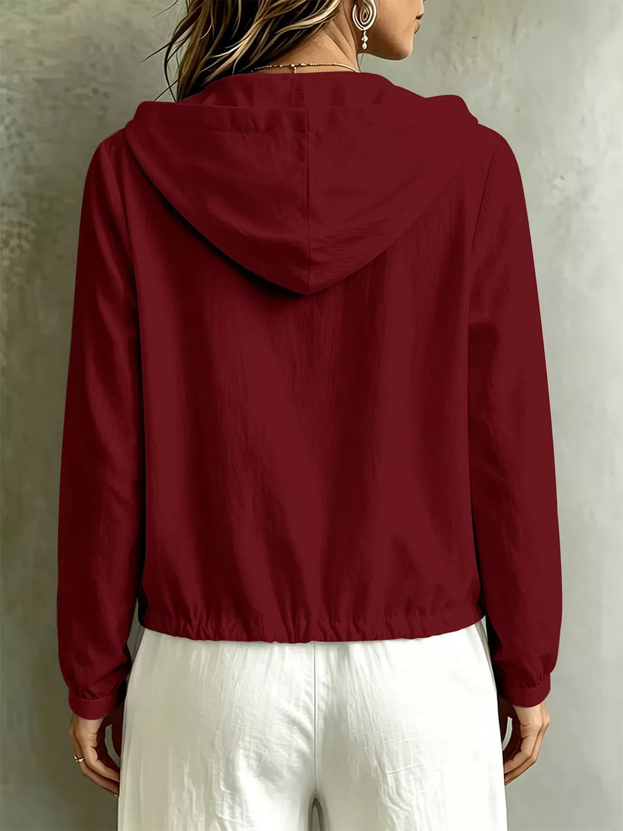 Button Detail Long Sleeve Hooded Blouse in white with buttoned
