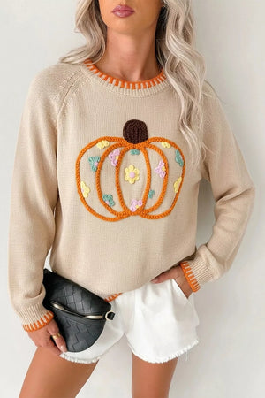 Floral Embroidery Pumpkin Long Sleeve Sweater