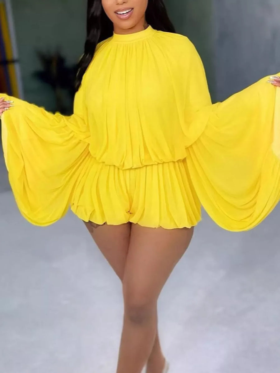 Yellow with Elegant Pleated Bell Sleeve Romper