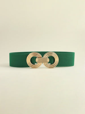 Green stretch belt with interlocking gold circles buckle