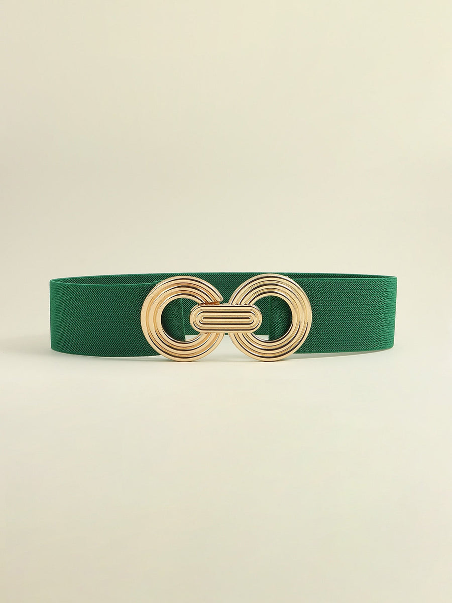 Green stretch belt with interlocking gold circles buckle