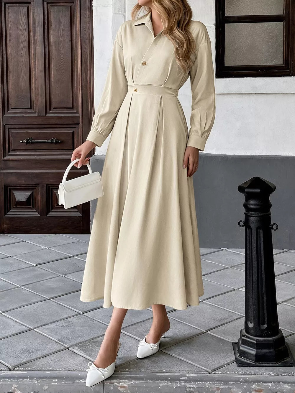 97% polyester, 3% elastane Care instructions: Machine wash cold shirt dress in Khaki with A-line silhouette