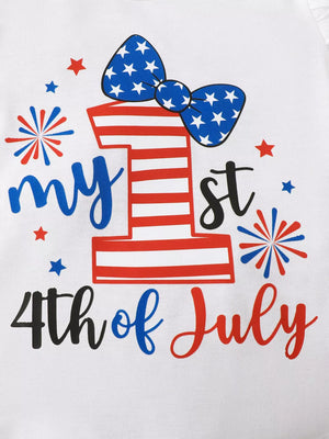 White baby bodysuit with "My 1st 4th of July" graphic and patriotic bow detail.