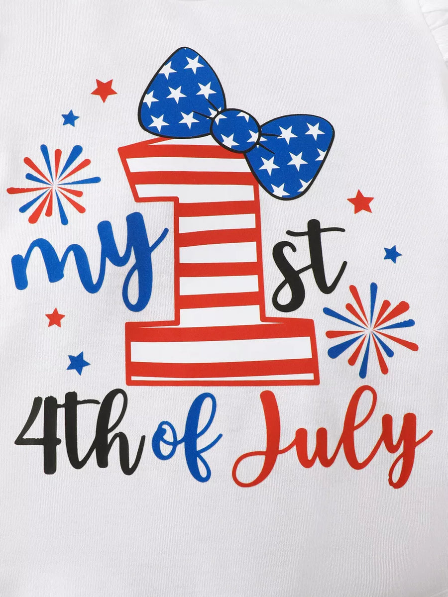 White baby bodysuit with "My 1st 4th of July" graphic and patriotic bow detail.