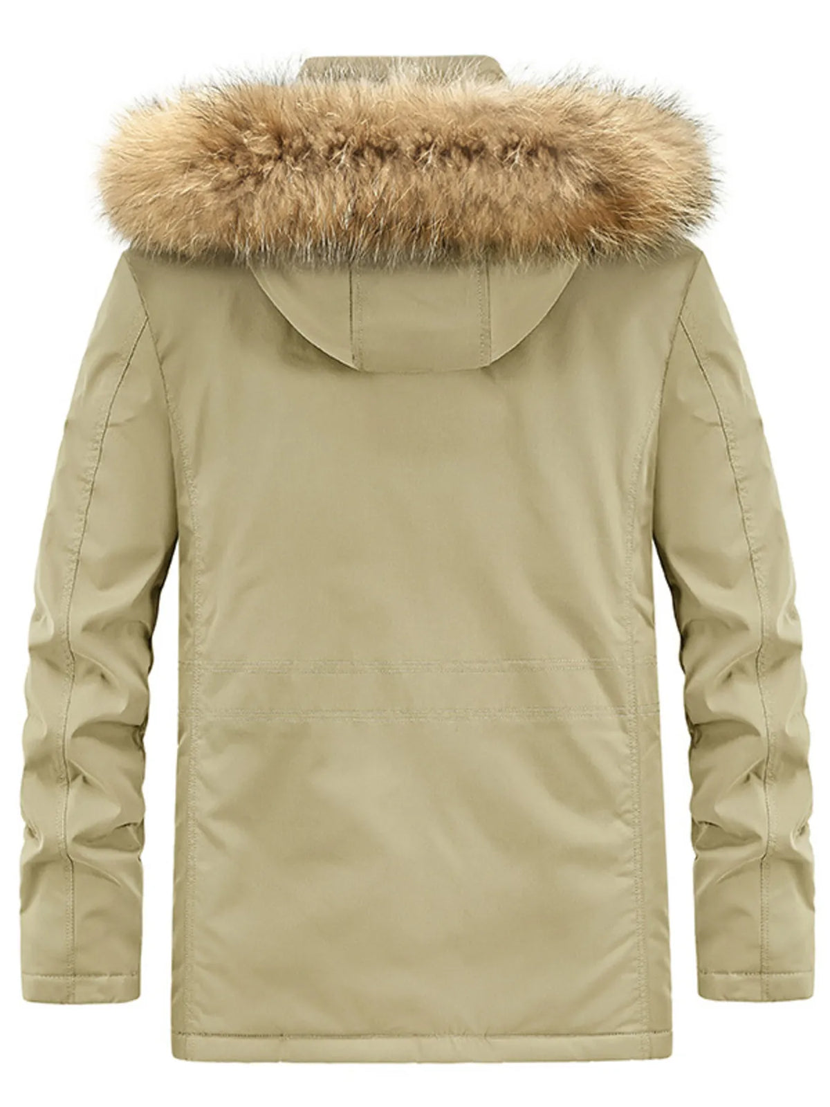 Khaki hooded parka with fur trim, long sleeves, and casual style.