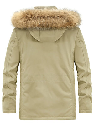 Khaki hooded parka with fur trim, long sleeves, and casual style.