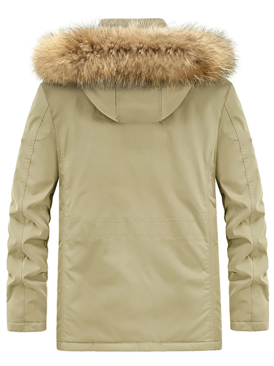 Khaki hooded parka with fur trim, long sleeves, and casual style.