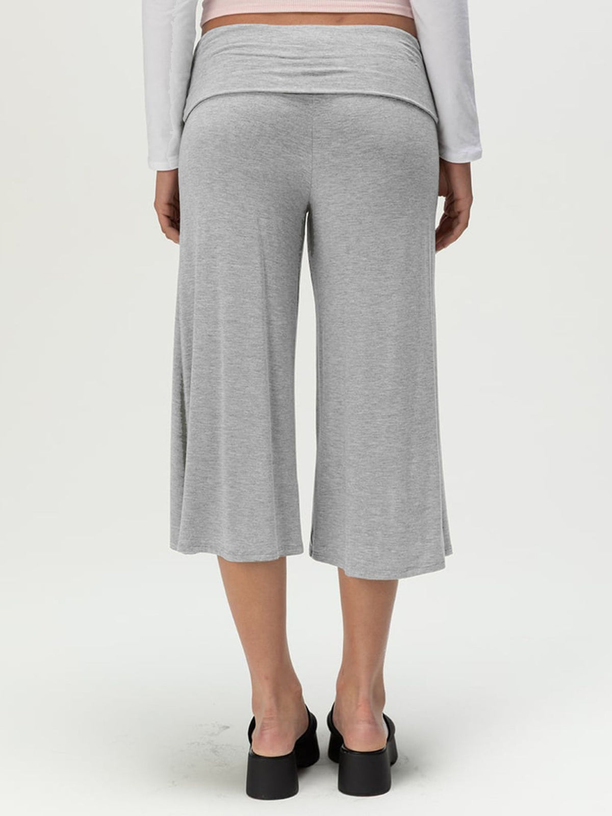 Relaxed wide leg capris in light gray jersey with a foldover waistband.