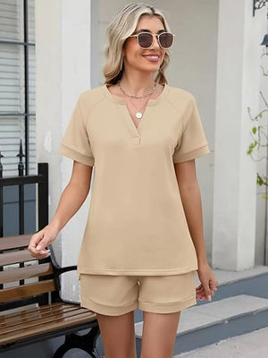 Apricot relaxed two-piece set with v-neck top and shorts