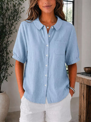 Light Gray Full Size Button Up Short Sleeve Shirt Plus Size