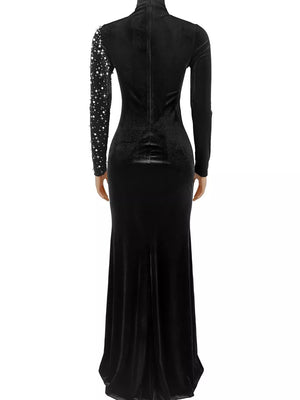 glam formal gown in Burgundy with mock neck