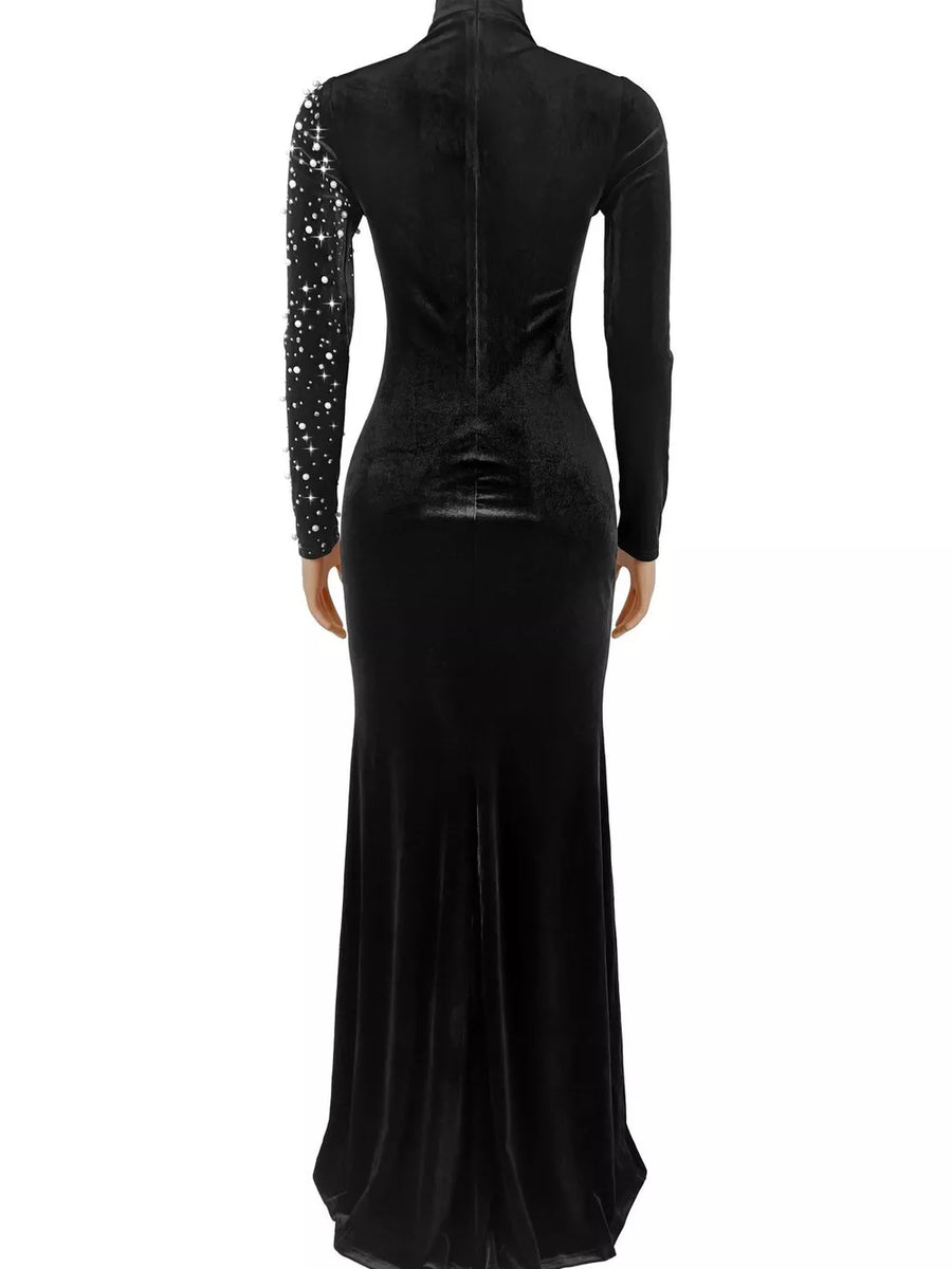 glam formal gown in Burgundy with mock neck
