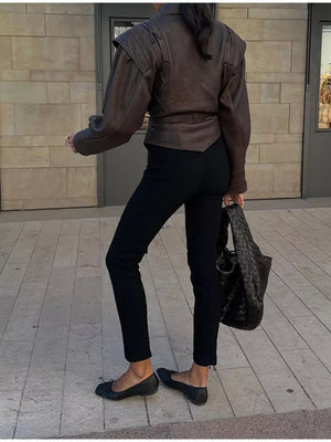 Belted Leather Jacket With Shawl Collar in Coffee Brown