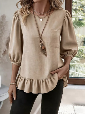Light Purple Casual Puff Sleeve Ruffle Hem Blouse