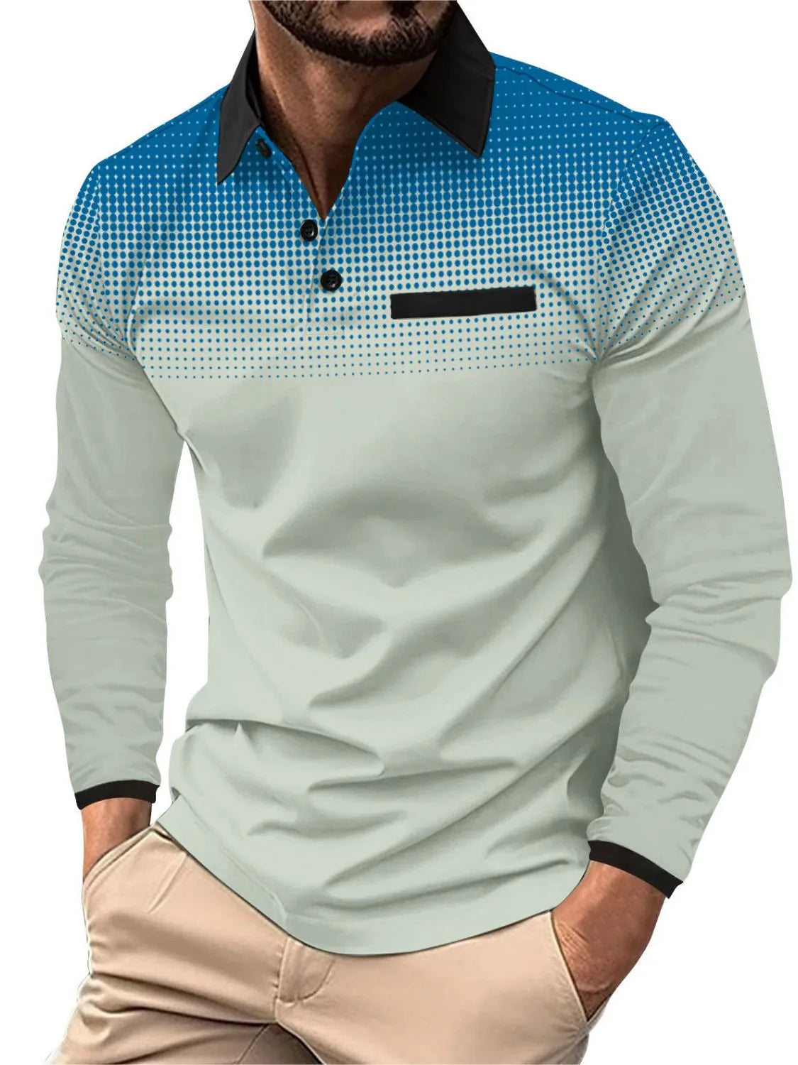 Men's long sleeve polo shirt with gradient dot print and chest pocket
