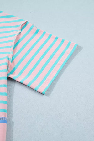 Pink and blue striped t-shirt with short sleeves