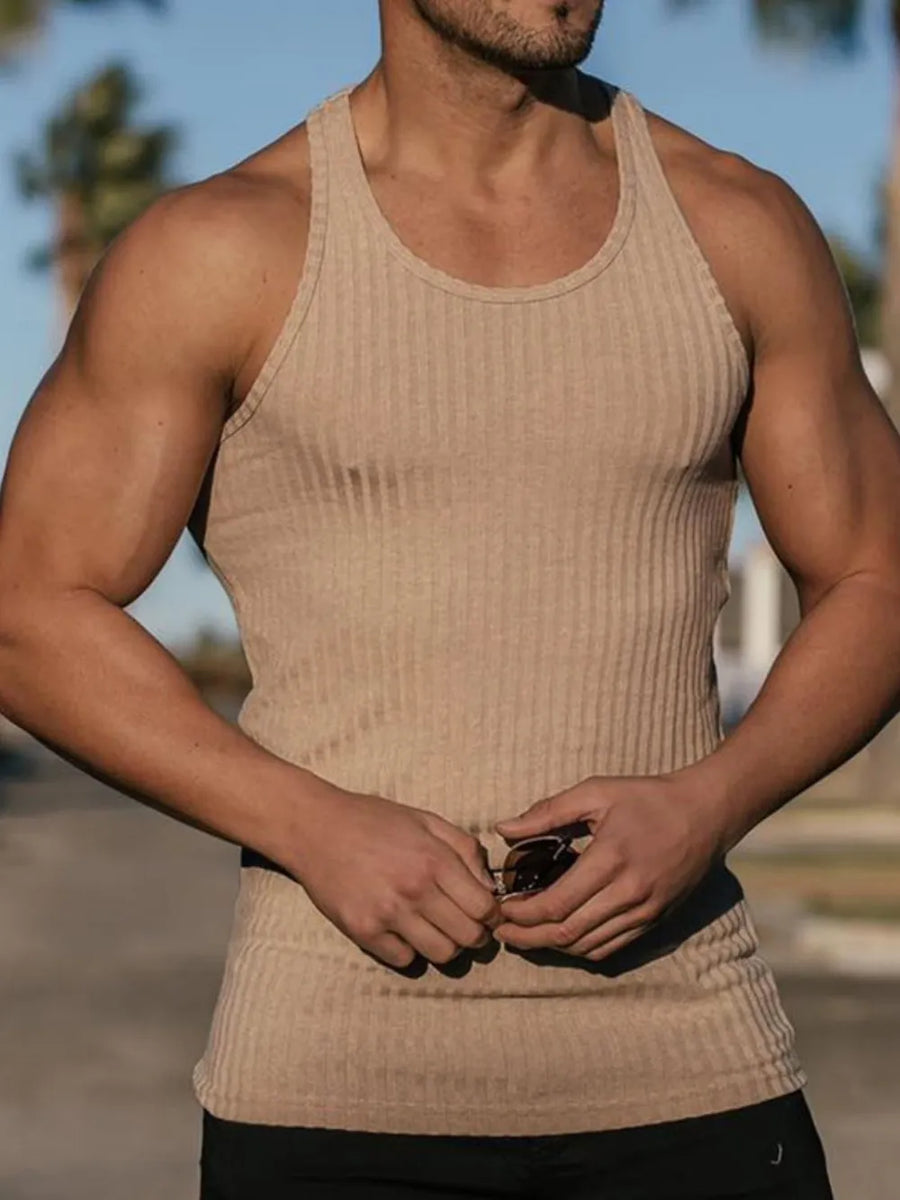 Khaki ribbed tank top with a sculpted fit and scoop neck.