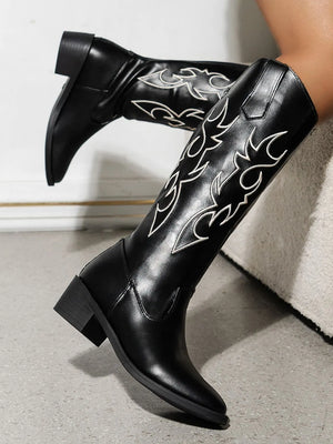 Black embroidered western knee boots with pointed toe and block heel